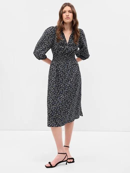 Puff Sleeve Smocked Midi Dress