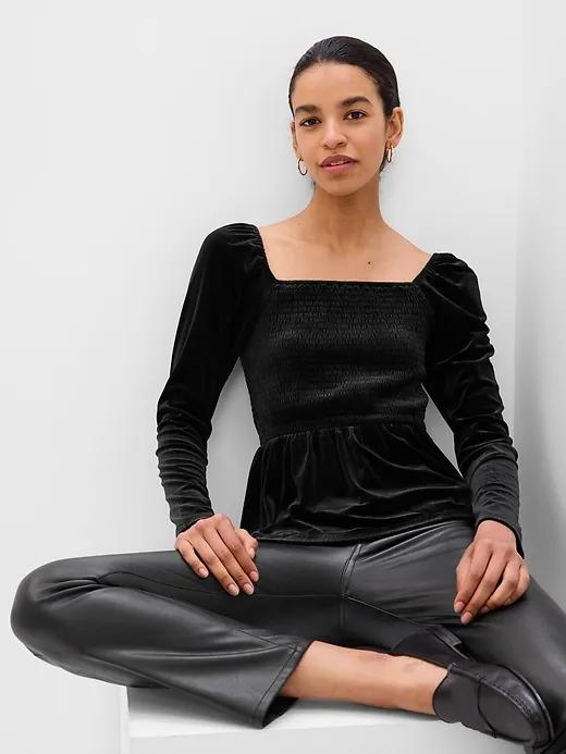 Puff Sleeve Smocked Peplum Velvet Top