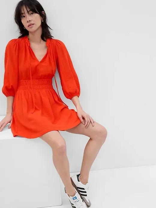 Puff Sleeve Tie-Front Mini Dress