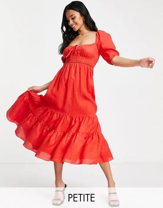 puff sleeve tiered midi dress in red