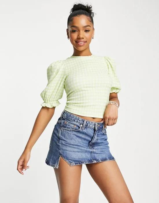 puff sleeve top in green gingham