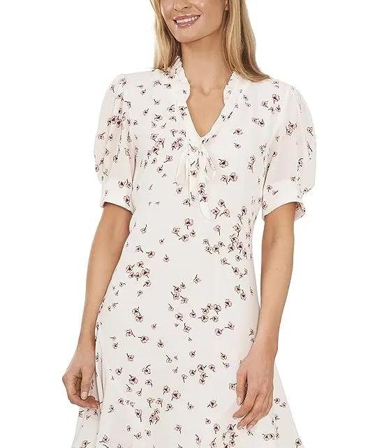 Puff Sleeve V-Neck Printed Dress with Ties