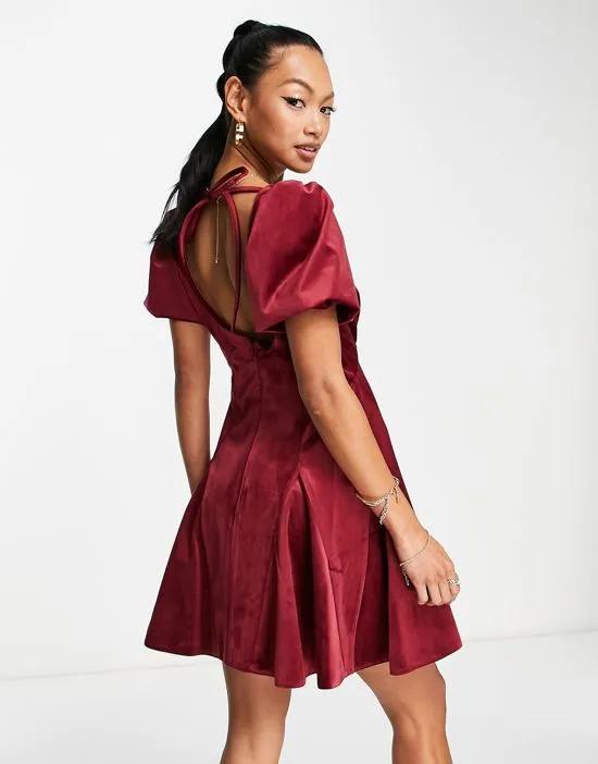 puff sleeve velvet mini dress with godet detail in burgundy