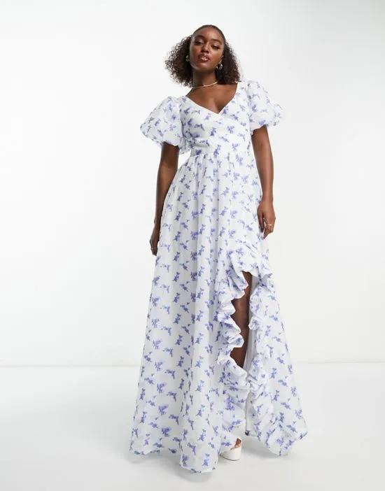 puff sleeve wrap bodice maxi dress with ruffle split in blue floral