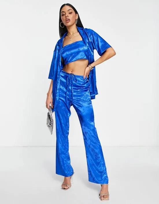 pull on wide leg pants in cobalt satin jacquard - part of a set