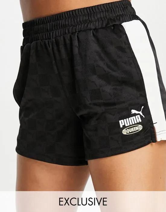 PUMA Queen repeat logo check boxing shorts in black