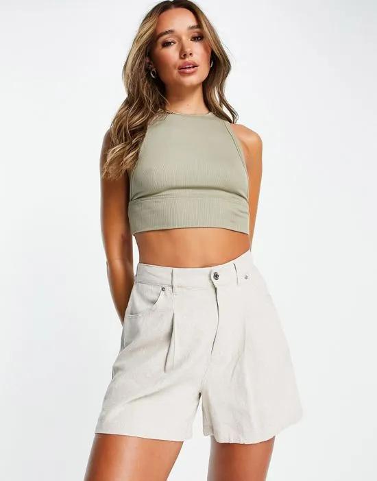 racer crop top with seam detail in rib in grayed-off sage