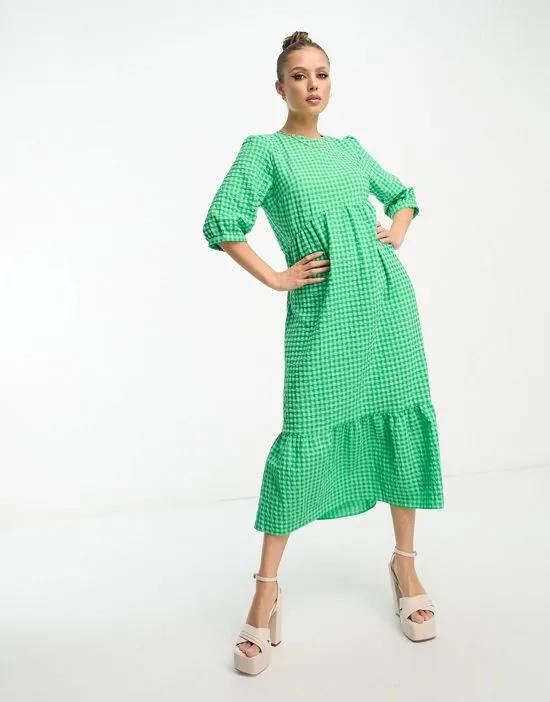 Rachel puff sleeve midi dress in green plaid print