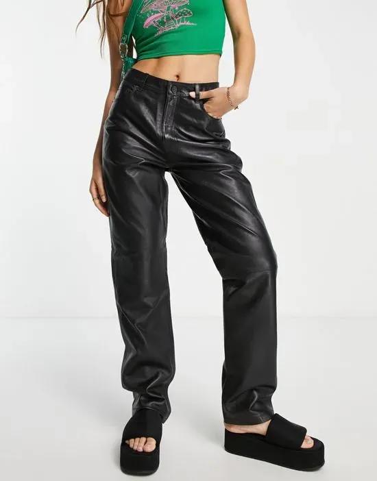 real leather straight leg pants in black