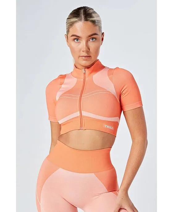 Recycled Colour Block Zip-up Crop Top Coral