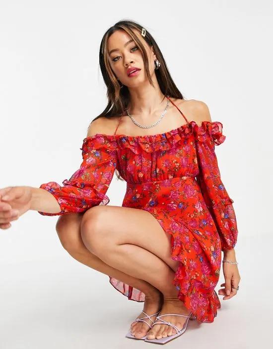 red floral bardot mini dress