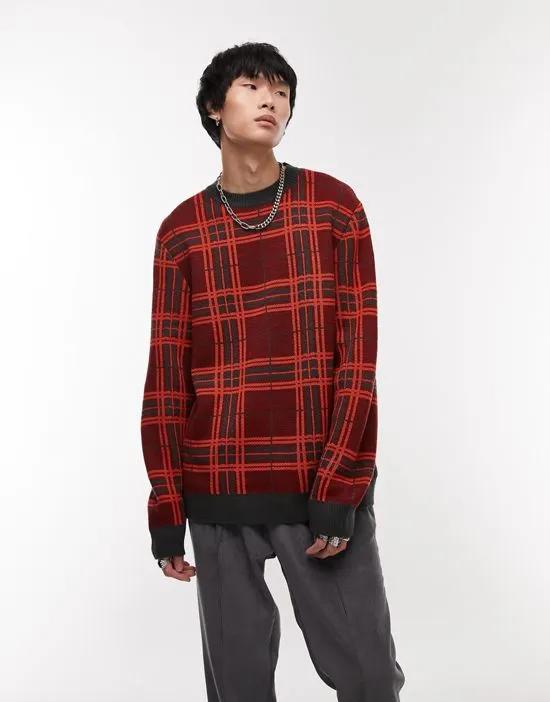 regular knitted crew neck with shadow check in red