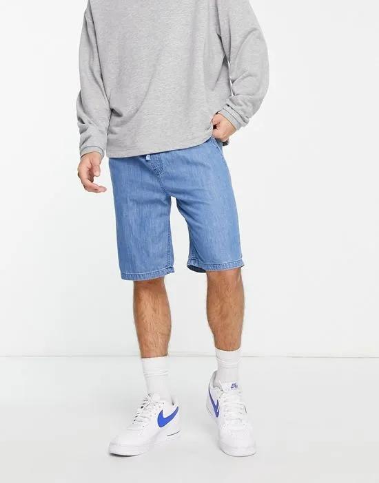 relaxed fit drawstring cotton hemp denim shorts in mid wash