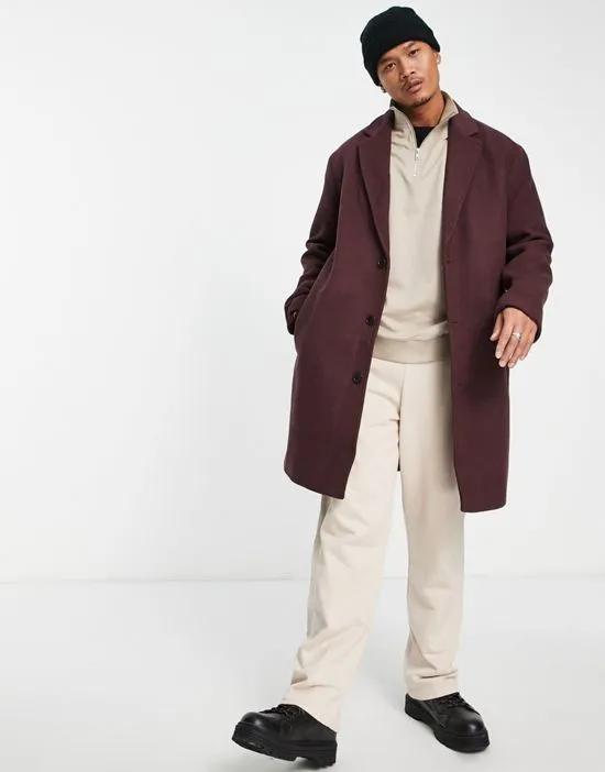 relaxed fit longline wool mix overcoat in burgundy