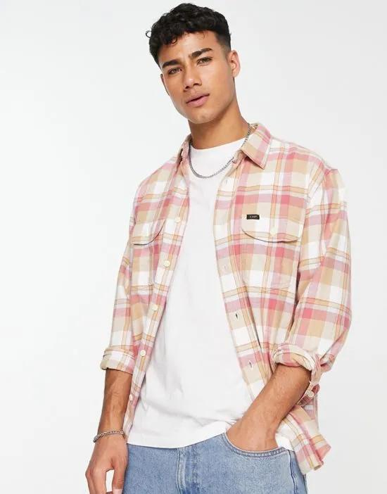 relaxed fit plaid worker overshirt in washed red