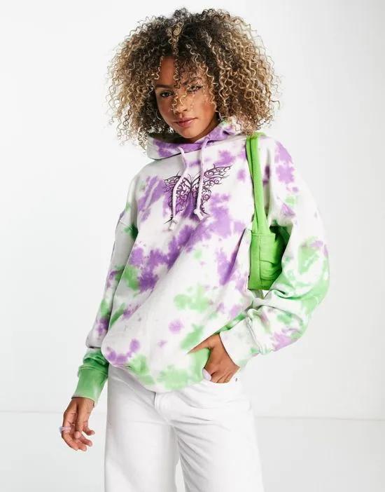 relaxed hoodie in tie dye with butterfly graphic