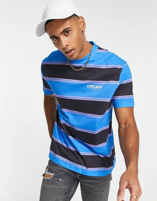relaxed stripe t-shirt in blue and navy with Chicago city chest print
