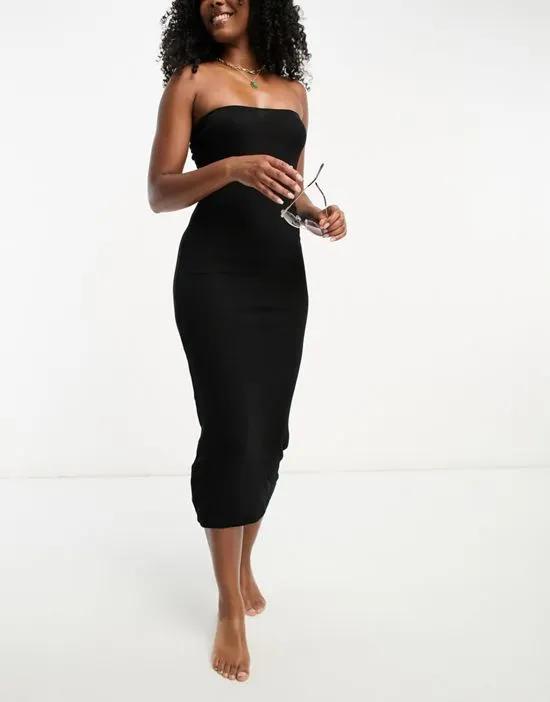 rib bandeau maxi beach dress in black