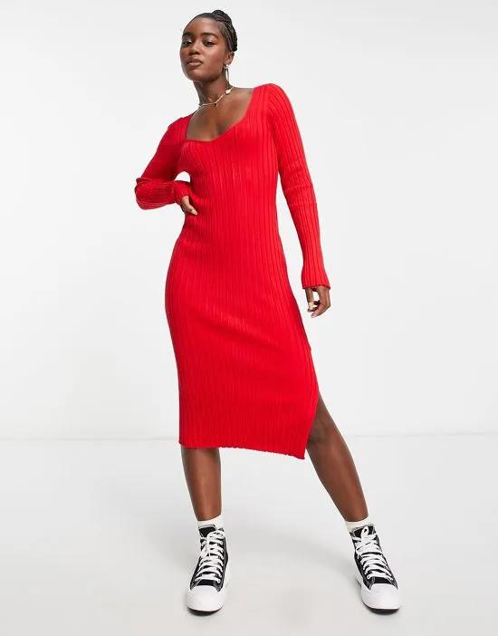 rib knit body-conscious midi dress in red