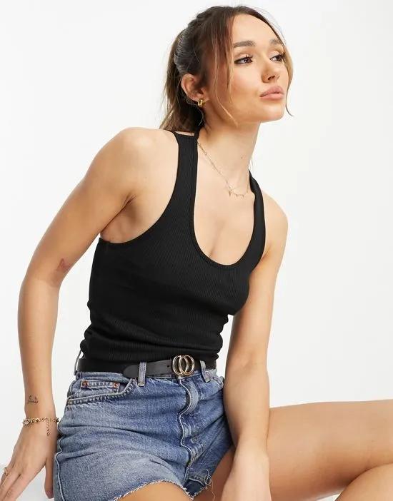 rib tank top with strappy back in black
