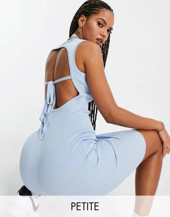 ribbed backless midi dress with high neck in blue