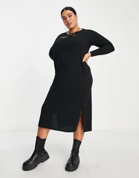 ribbed cut out midi dress in black