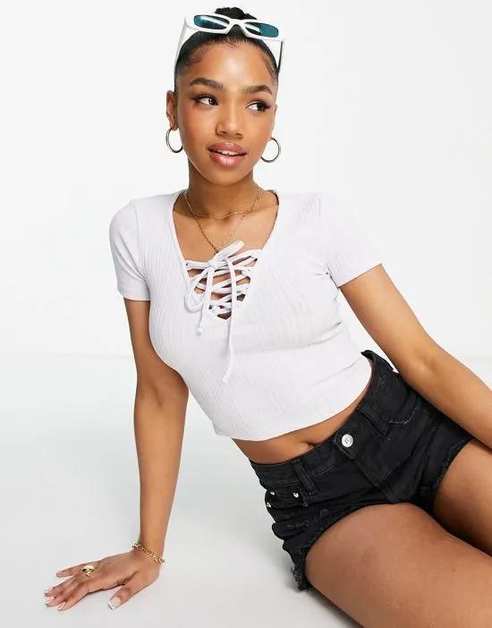 ribbed lace-up T-shirt in lilac