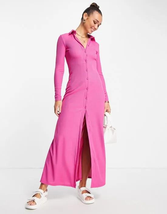 ribbed long sleeve maxi shirt dress in bright pink