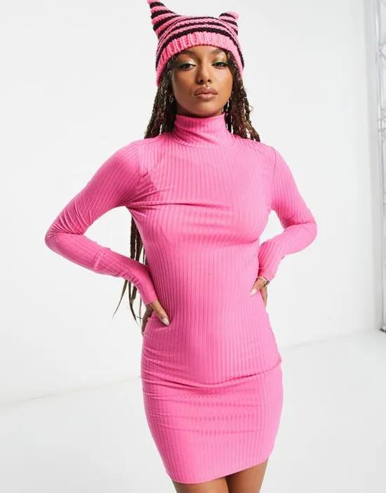 ribbed turtle neck dress in baby pink