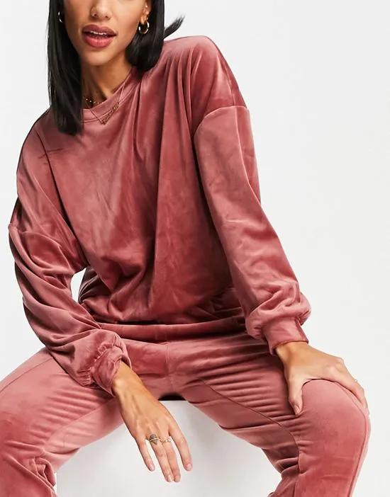 ribbed velour zip front high neck sweat in rosewood
