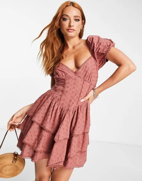 rodeo micro eyelet mini dress with open back in chocolate