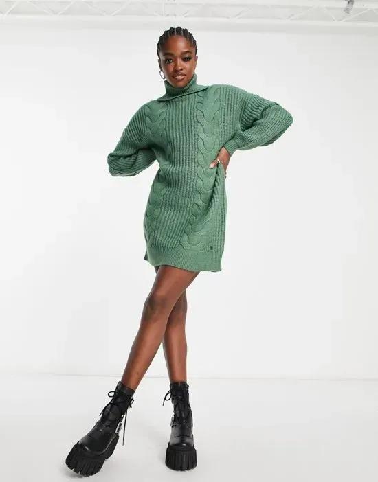 roll neck cable knit mini sweater dress in green