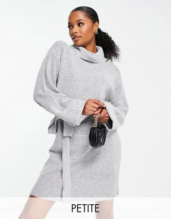 roll neck mini sweater dress with tie waist in gray