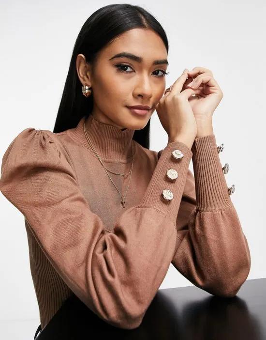 roll neck slim fit sweater in brown