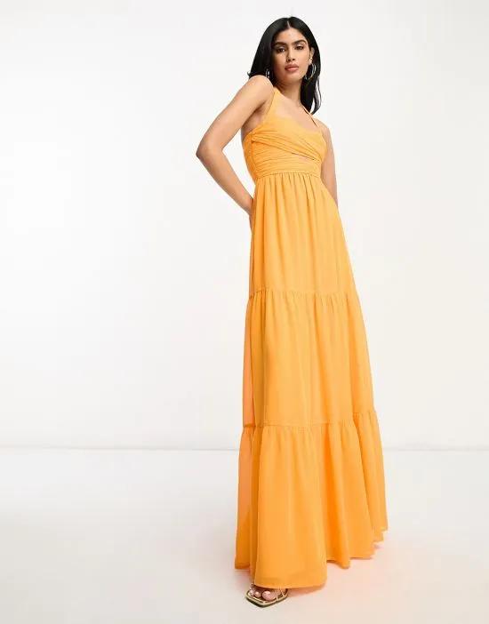 ruched bodice halter tiered maxi dress in bright orange
