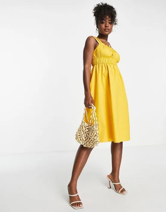 ruched bodice midi dress in yellow
