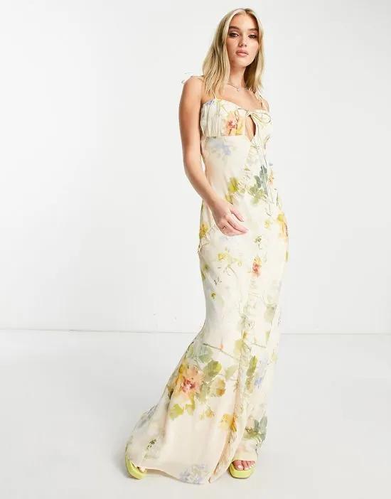 ruched bust maxi dress in cream floral
