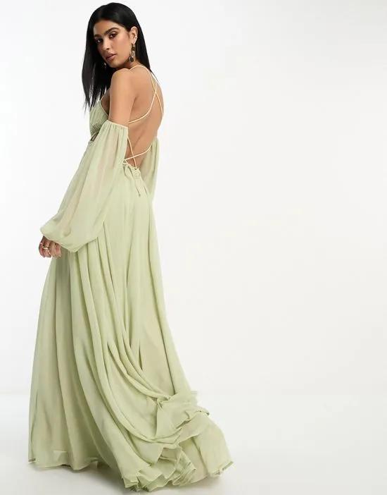 ruched bust off shoulder cut out babydoll maxi dress in light green