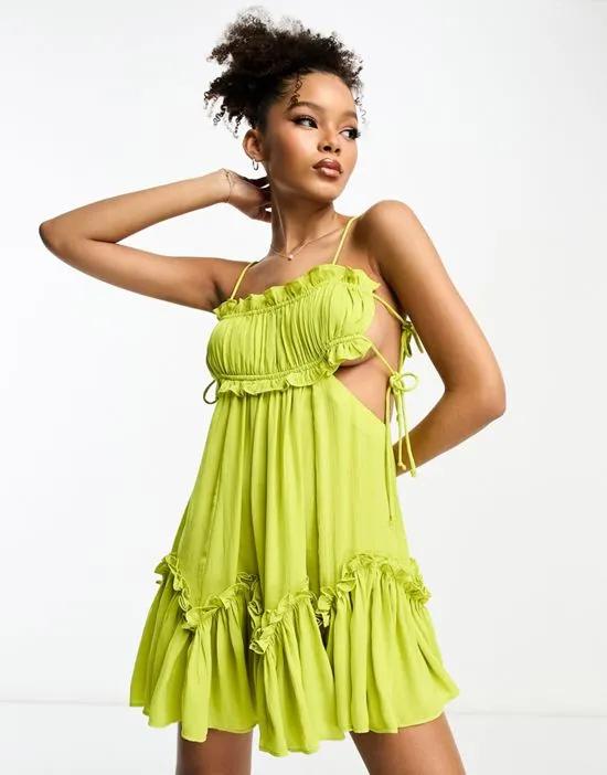 ruched bust satin mini dress with tie detail and cut out in lime green