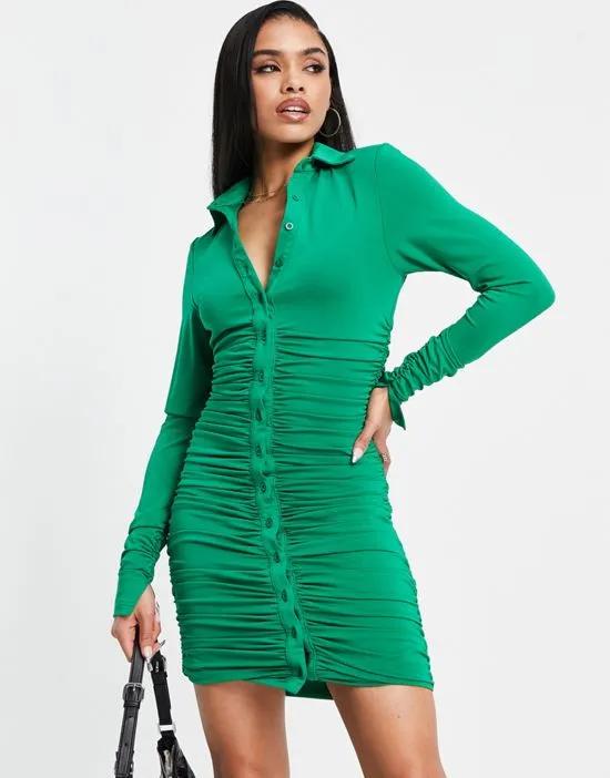 ruched button detail midi dress in emerald green