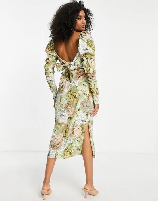ruched detail midi dress with wrap bodice in floral print