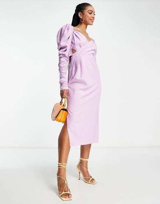 ruched detail midi dress with wrap bodice in lilac