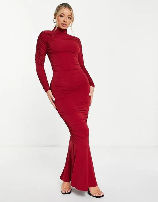 ruched flared maxi dress in red