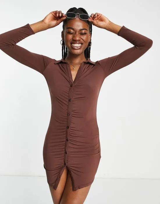 ruched front collared dress in chocolate