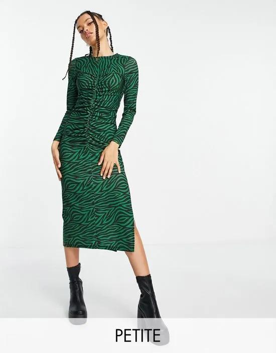 ruched front long sleeve midi dress in green pattern