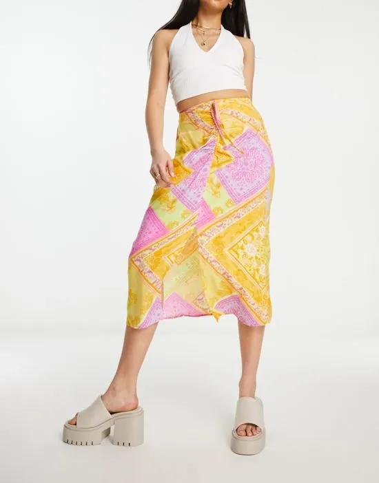 ruched front midi skirt in patchwork scarf print