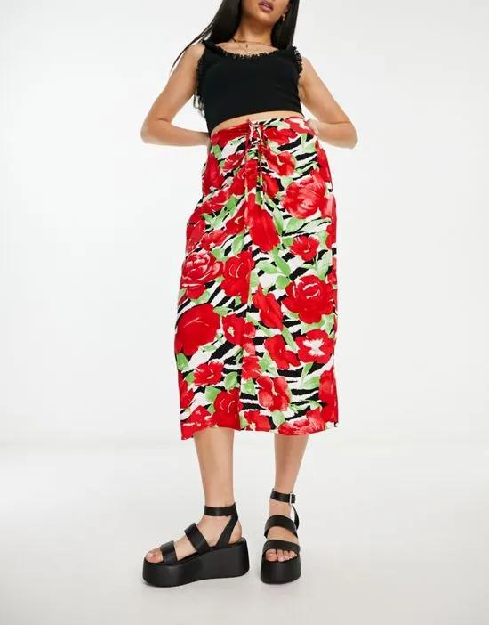 ruched front midi skirt in zebra floral