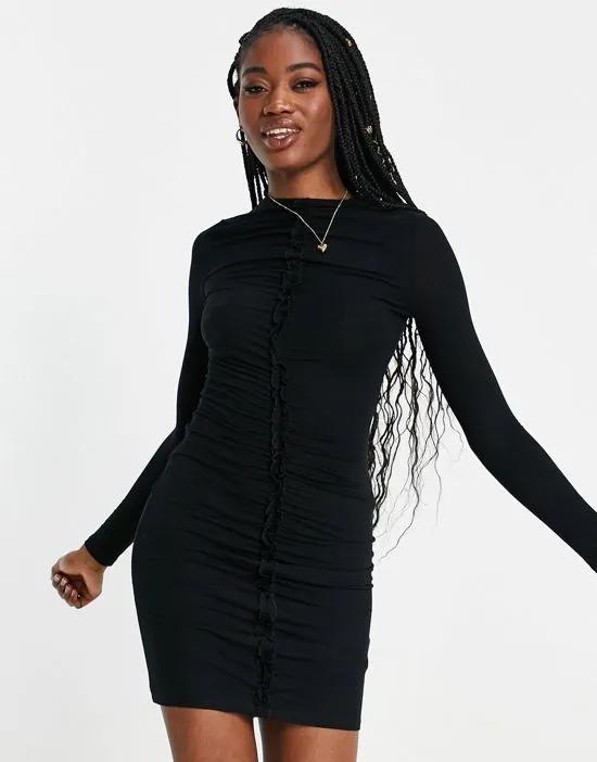 ruched front mini dress in black