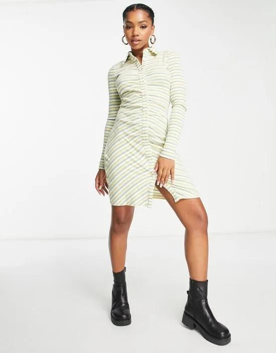 ruched front mini shirt dress in green stripe