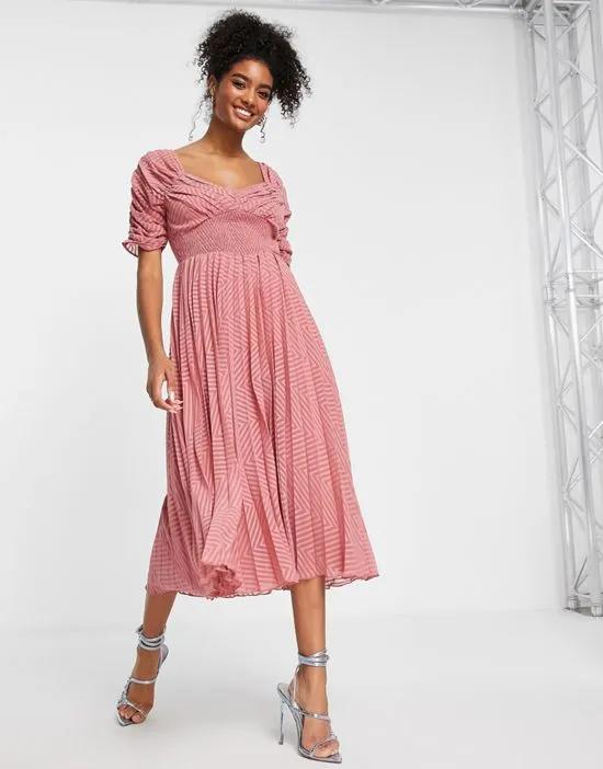 ruched front pleated midi dress with shirred waist in chevron texture in dusky pink